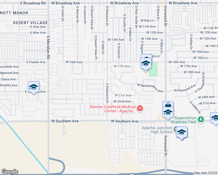map of restaurants, bars, coffee shops, grocery stores, and more near 2026 South Lawther Drive in Apache Junction