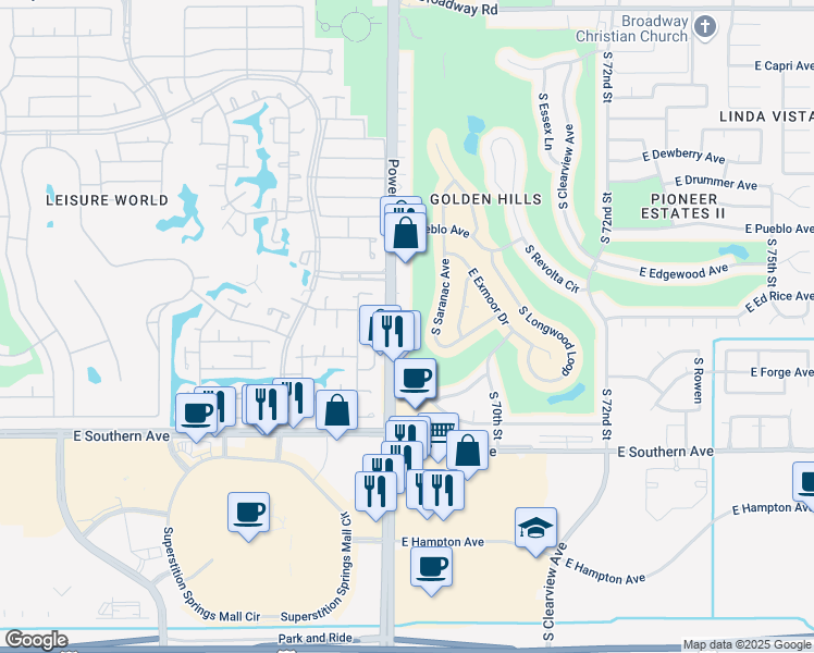 map of restaurants, bars, coffee shops, grocery stores, and more near 955 South Power Road in Mesa