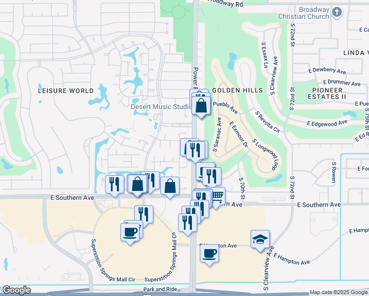 map of restaurants, bars, coffee shops, grocery stores, and more near 50 Leisure World in Mesa