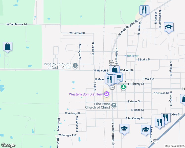map of restaurants, bars, coffee shops, grocery stores, and more near 116 N Hill St in Pilot Point