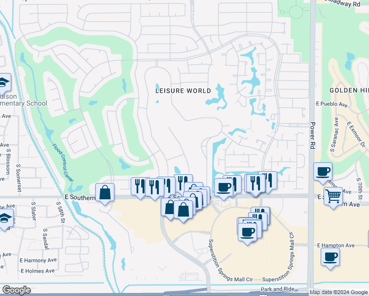 map of restaurants, bars, coffee shops, grocery stores, and more near 1365 Leisure World in Mesa
