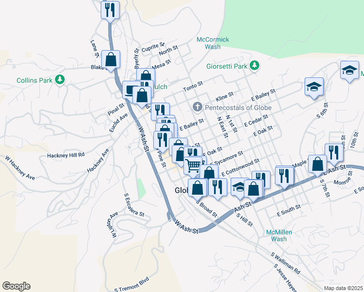 map of restaurants, bars, coffee shops, grocery stores, and more near 175 E Cedar St in Globe