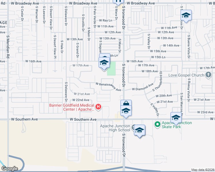 map of restaurants, bars, coffee shops, grocery stores, and more near 1779 West Renaissance Avenue in Apache Junction