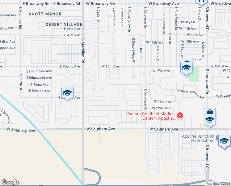 map of restaurants, bars, coffee shops, grocery stores, and more near 2101 South Meridian Road in Apache Junction