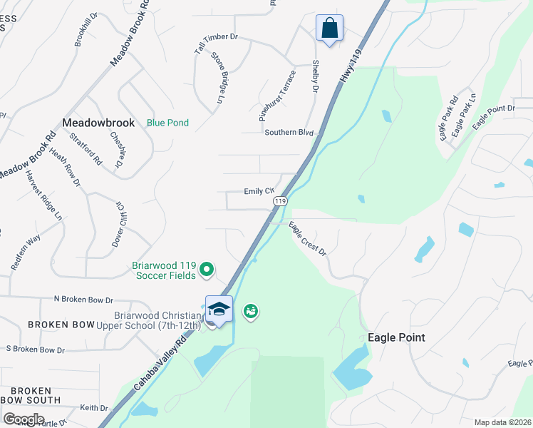 map of restaurants, bars, coffee shops, grocery stores, and more near 2300 Woodland Circle in Birmingham