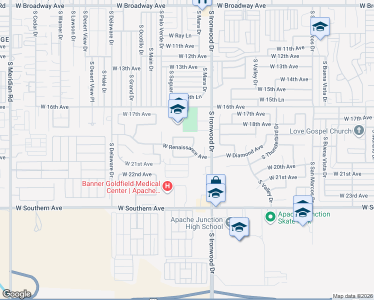 map of restaurants, bars, coffee shops, grocery stores, and more near 1779 West Renaissance Avenue in Apache Junction
