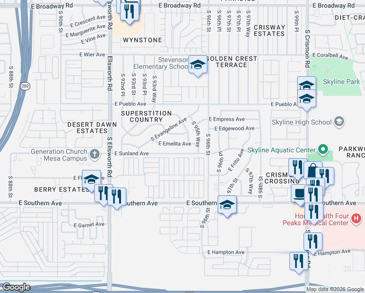 map of restaurants, bars, coffee shops, grocery stores, and more near 9443 East Emelita Avenue in Mesa