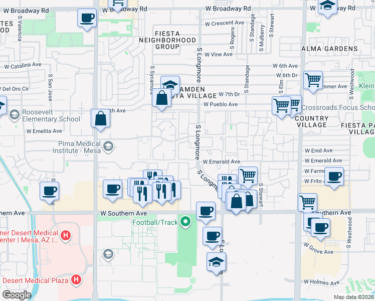 map of restaurants, bars, coffee shops, grocery stores, and more near 922 South Longmore in Mesa