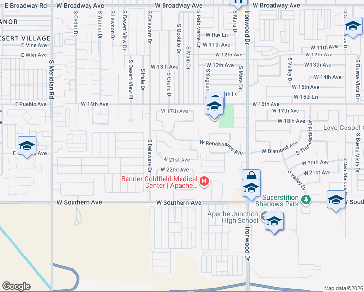 map of restaurants, bars, coffee shops, grocery stores, and more near 1996 West 20th Avenue in Apache Junction