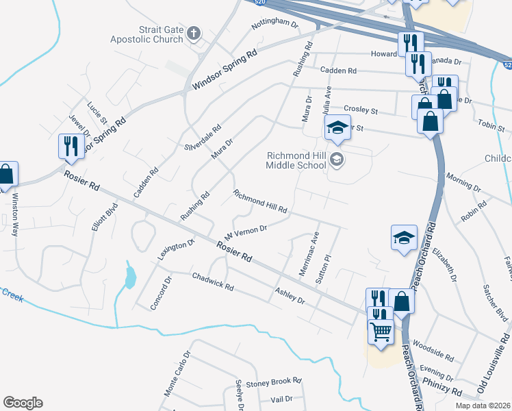 map of restaurants, bars, coffee shops, grocery stores, and more near 3525 Richmond Hill Road in Augusta