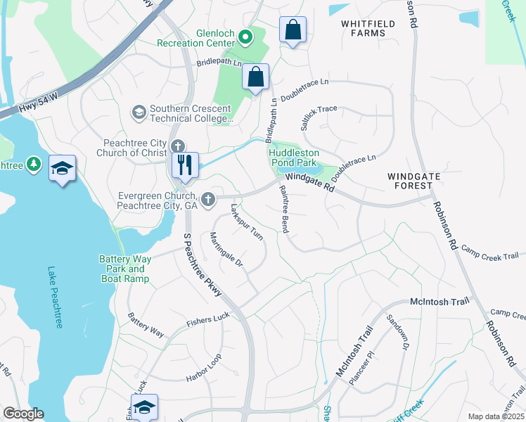 map of restaurants, bars, coffee shops, grocery stores, and more near 105 Whisper Trce in Peachtree City