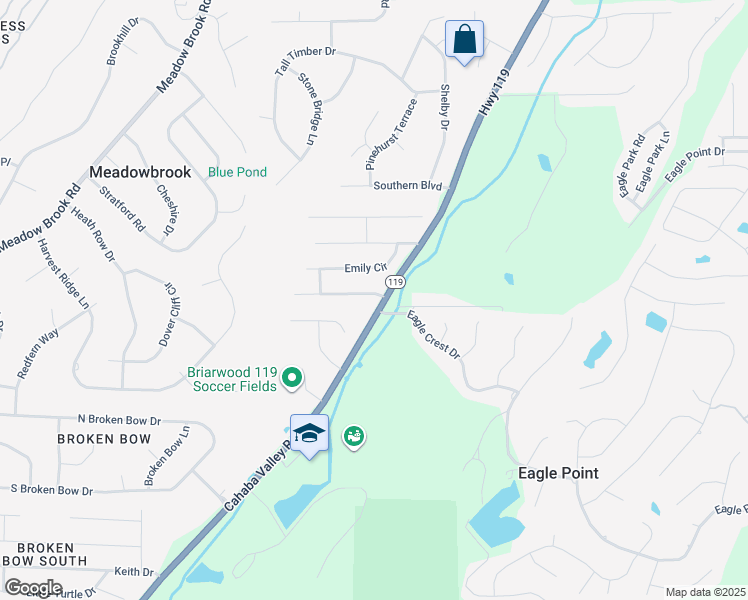 map of restaurants, bars, coffee shops, grocery stores, and more near 2300 Woodland Circle in Birmingham