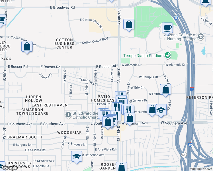 map of restaurants, bars, coffee shops, grocery stores, and more near 4722 East Chambers Street in Phoenix