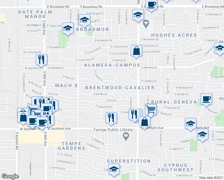 map of restaurants, bars, coffee shops, grocery stores, and more near 619 East Balboa Drive in Tempe