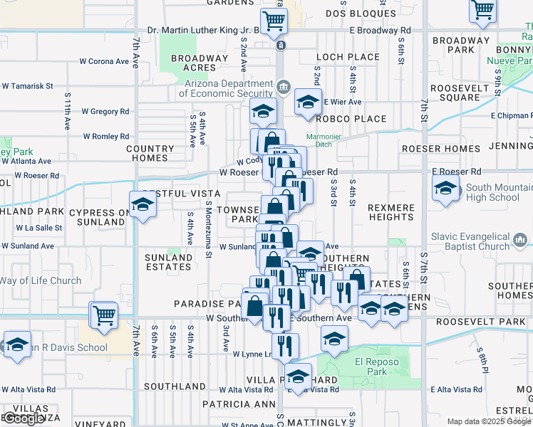 map of restaurants, bars, coffee shops, grocery stores, and more near 5403 South 1st Avenue in Phoenix