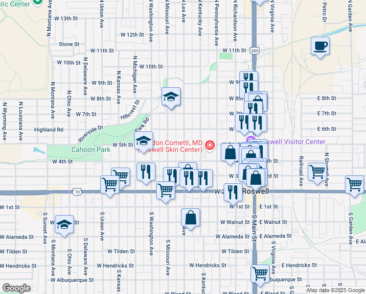 map of restaurants, bars, coffee shops, grocery stores, and more near 414 North Lea Avenue in Roswell