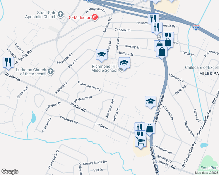 map of restaurants, bars, coffee shops, grocery stores, and more near 3405 Santa Maria Court in Augusta