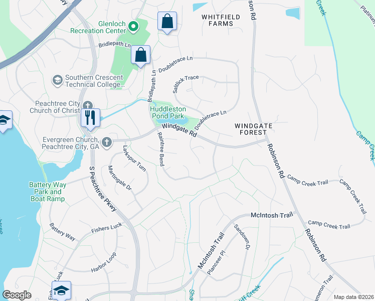 map of restaurants, bars, coffee shops, grocery stores, and more near 107 Nightwind Court in Peachtree City