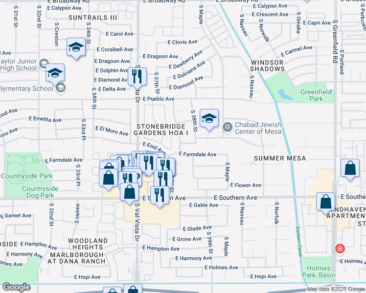 map of restaurants, bars, coffee shops, grocery stores, and more near 3725 East Emerald Avenue in Mesa