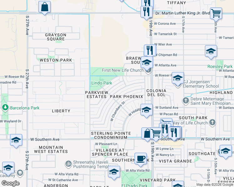 map of restaurants, bars, coffee shops, grocery stores, and more near 2137 West Pecan Road in Phoenix