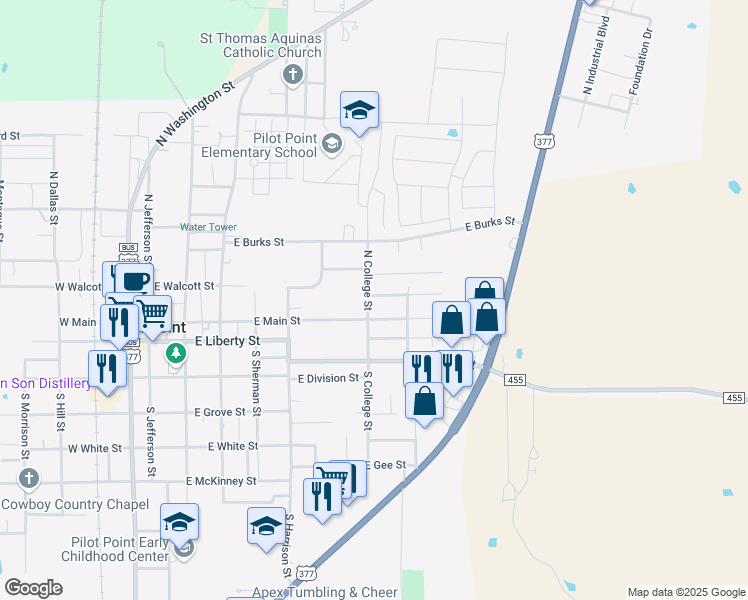 map of restaurants, bars, coffee shops, grocery stores, and more near 601 E Jacob St in Pilot Point