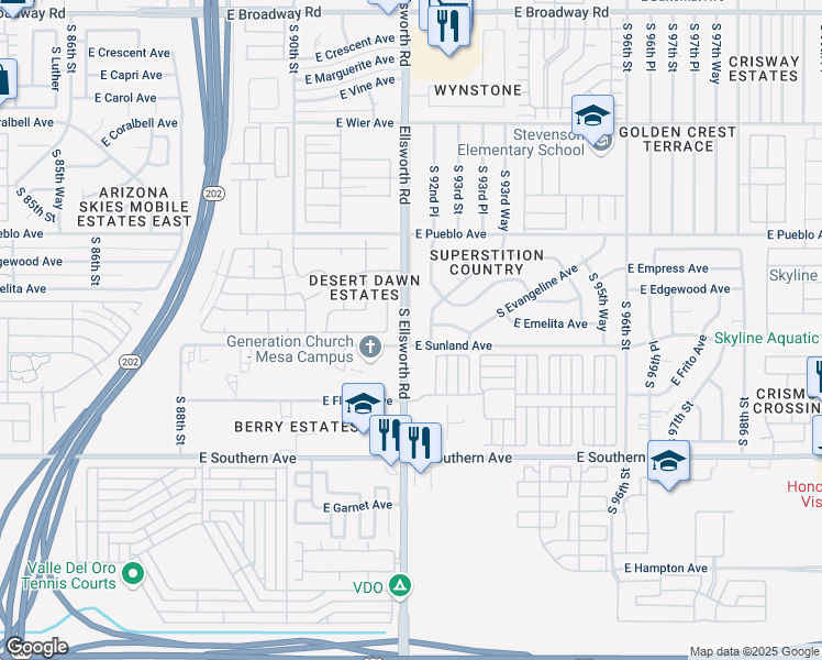 map of restaurants, bars, coffee shops, grocery stores, and more near 937 South 91st Place in Mesa