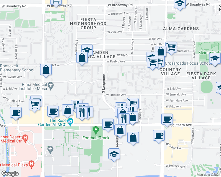 map of restaurants, bars, coffee shops, grocery stores, and more near 949 South Longmore in Mesa