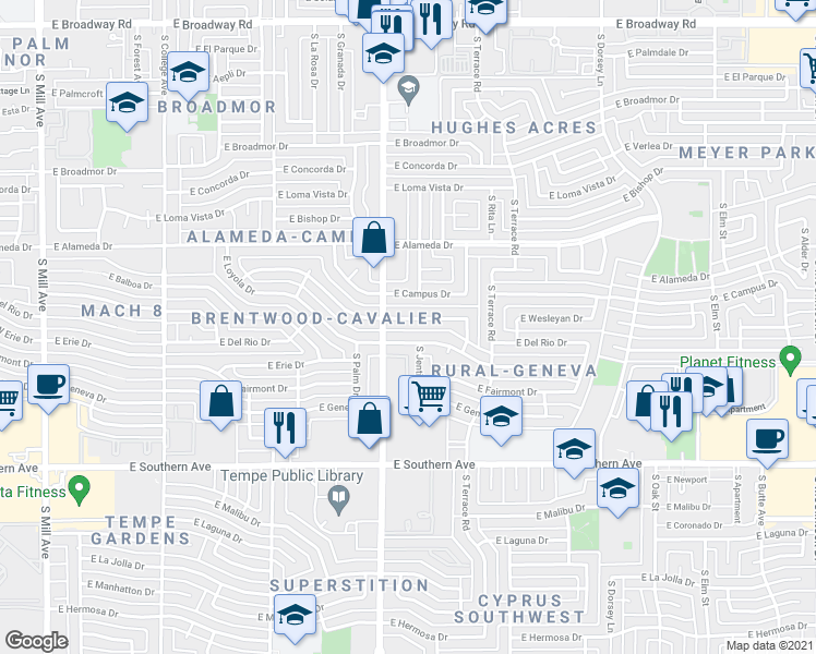 map of restaurants, bars, coffee shops, grocery stores, and more near 917 East Wesleyan Drive in Tempe
