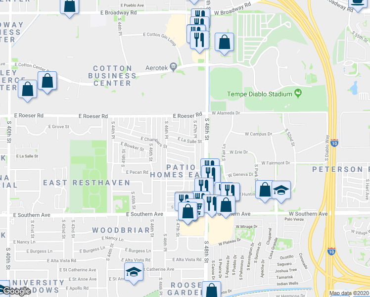 map of restaurants, bars, coffee shops, grocery stores, and more near 4722 East Chambers Street in Phoenix