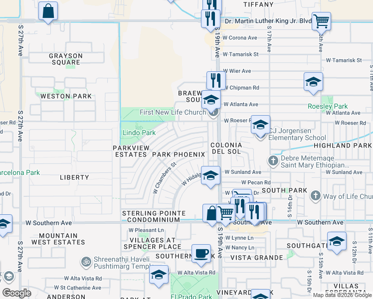 map of restaurants, bars, coffee shops, grocery stores, and more near 2057 West Wayland Drive in Phoenix
