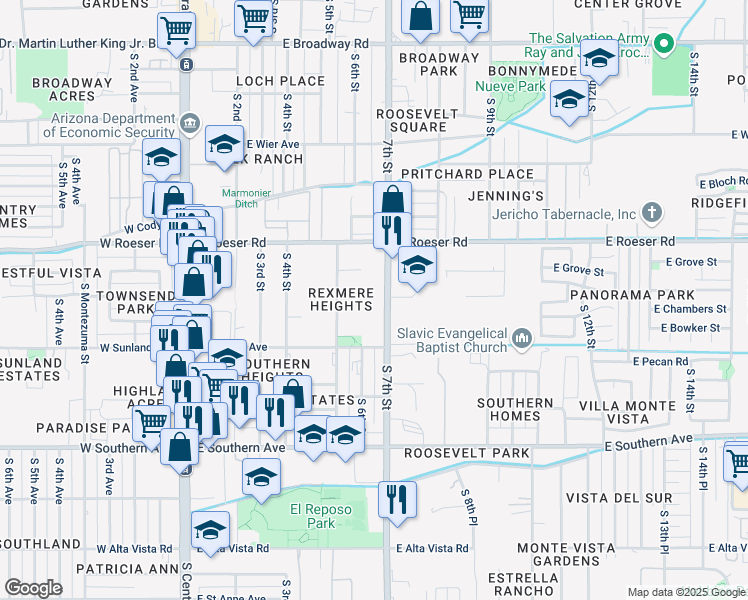 map of restaurants, bars, coffee shops, grocery stores, and more near 5408 South 7th Street in Phoenix