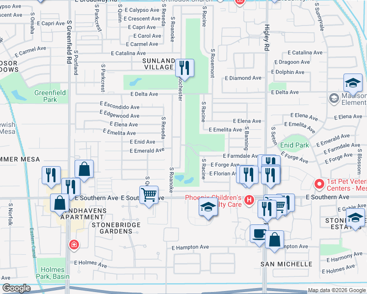 map of restaurants, bars, coffee shops, grocery stores, and more near 1001 South Rochester in Mesa