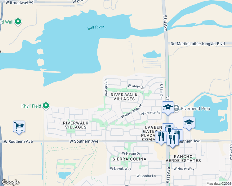 map of restaurants, bars, coffee shops, grocery stores, and more near 5402 South 54th Lane in Phoenix