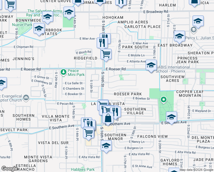 map of restaurants, bars, coffee shops, grocery stores, and more near 5416 South 16th Place in Phoenix