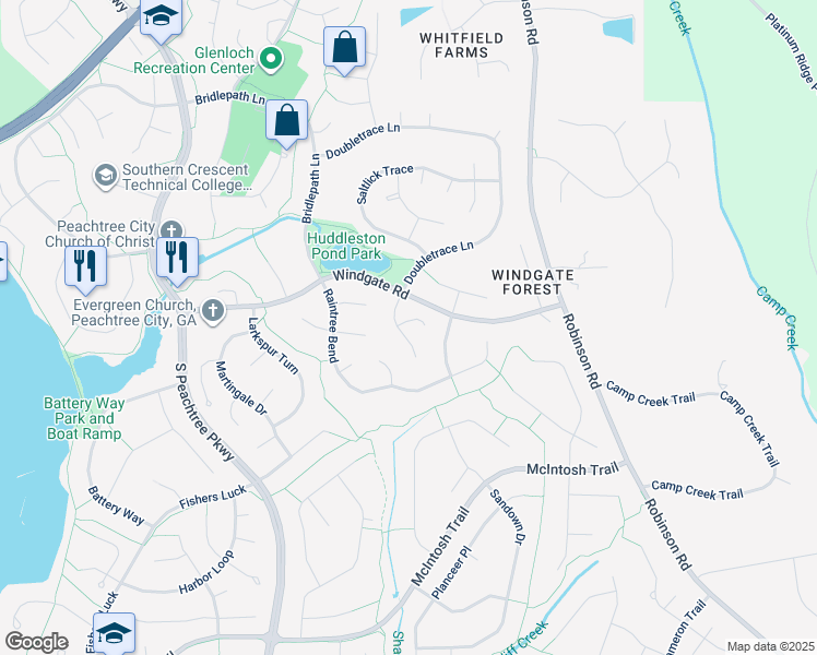 map of restaurants, bars, coffee shops, grocery stores, and more near 100 Tuliptree Terrace in Peachtree City