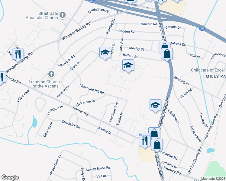 map of restaurants, bars, coffee shops, grocery stores, and more near 3405 Santa Maria Court in Augusta