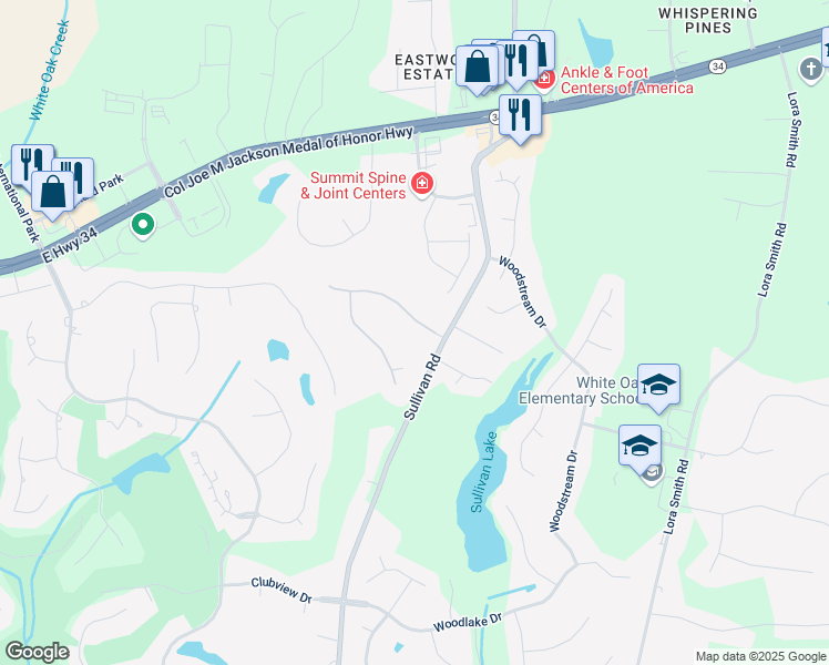 map of restaurants, bars, coffee shops, grocery stores, and more near 30 Springfield Drive in Newnan