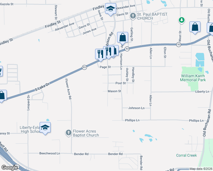 map of restaurants, bars, coffee shops, grocery stores, and more near 3013 Post Street in Texarkana