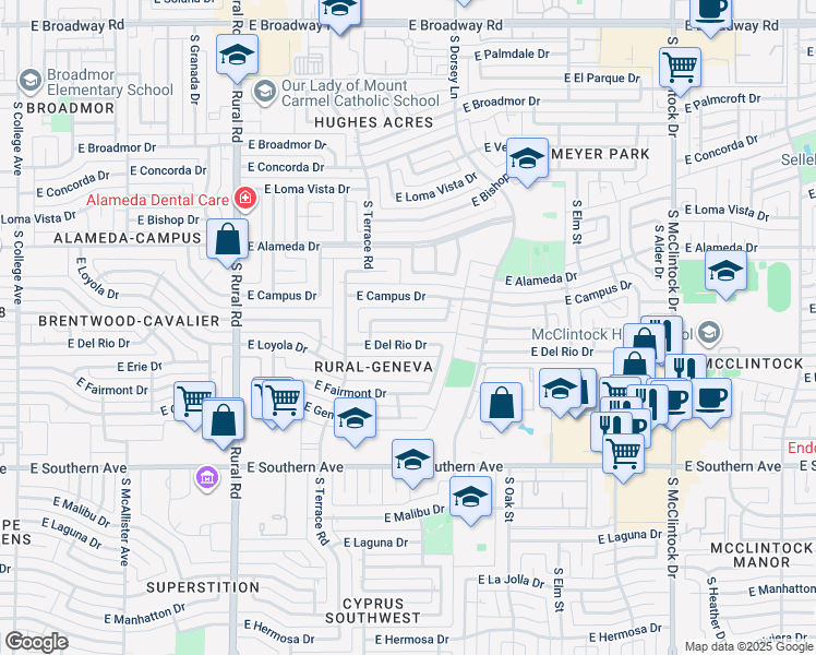 map of restaurants, bars, coffee shops, grocery stores, and more near 1207 East Wesleyan Drive in Tempe