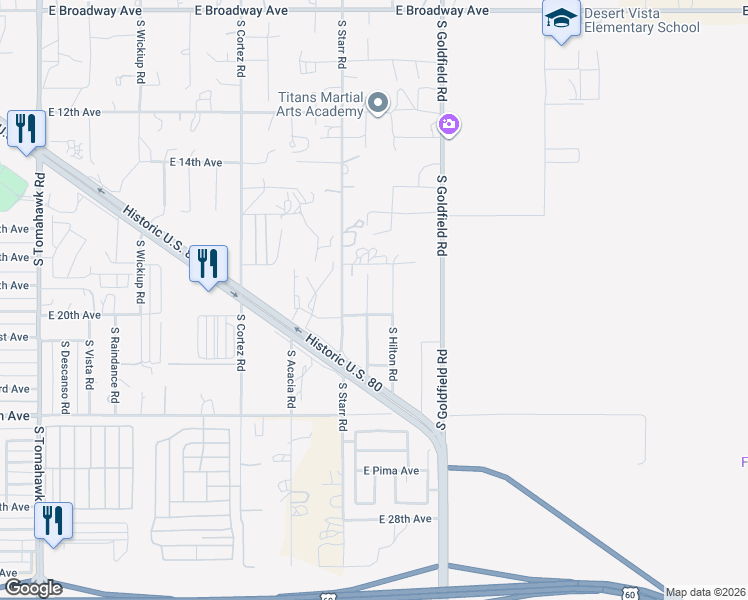 map of restaurants, bars, coffee shops, grocery stores, and more near 1929 South Vaquero Road in Apache Junction
