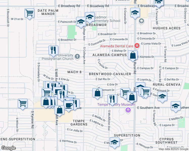 map of restaurants, bars, coffee shops, grocery stores, and more near 345 East Cairo Drive in Tempe