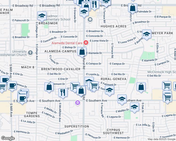 map of restaurants, bars, coffee shops, grocery stores, and more near 917 East Wesleyan Drive in Tempe