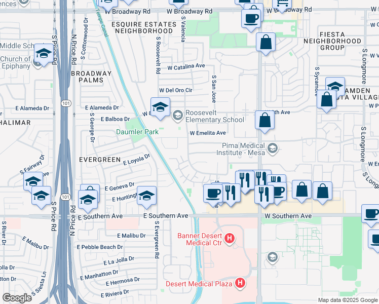 map of restaurants, bars, coffee shops, grocery stores, and more near 2262 West Enid Avenue in Mesa