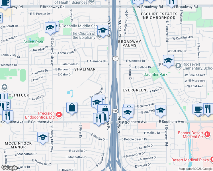 map of restaurants, bars, coffee shops, grocery stores, and more near 2914 South Price Road in Tempe