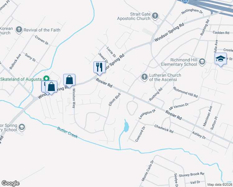 map of restaurants, bars, coffee shops, grocery stores, and more near 3603 Elliott Boulevard in Augusta