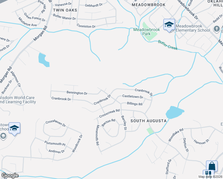 map of restaurants, bars, coffee shops, grocery stores, and more near 2671 Cranbrook Drive in Hephzibah