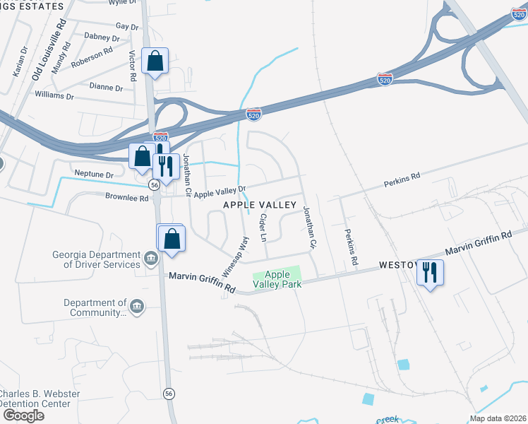 map of restaurants, bars, coffee shops, grocery stores, and more near 1629 Cider Court in Augusta
