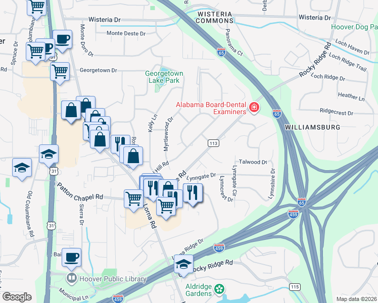 map of restaurants, bars, coffee shops, grocery stores, and more near 2161 Chapel Hill Road in Birmingham