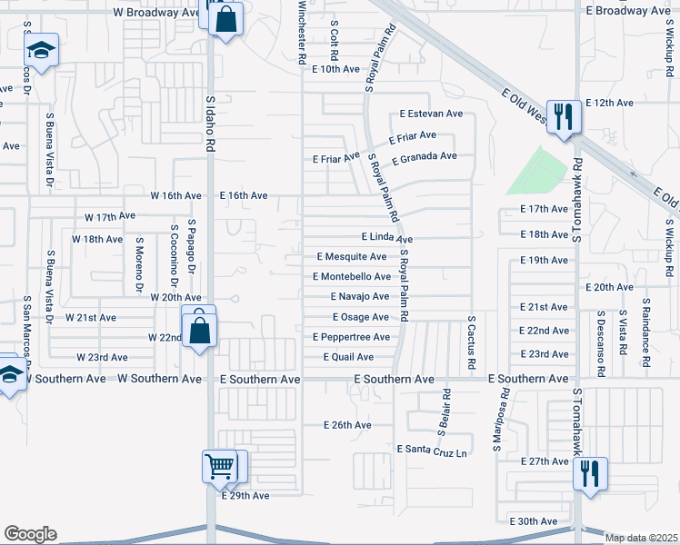 map of restaurants, bars, coffee shops, grocery stores, and more near 540 East Montebello Avenue in Apache Junction