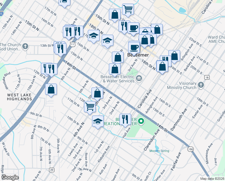 map of restaurants, bars, coffee shops, grocery stores, and more near 1404 3rd Ave N in Bessemer